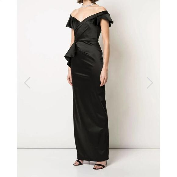 Marchesa Notte Off Shoulder Satin Draped Dress Black Size 0 - Picture 1 of 8